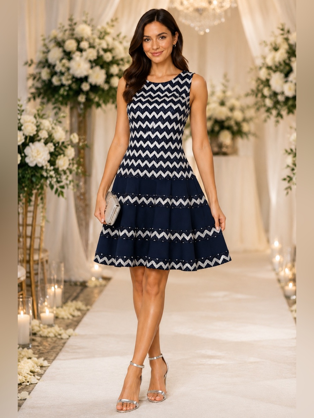 Betsy & Adam Navy Chevron Fit & Flare Dress Sz 6 | Sleeveless Cocktail Wedding